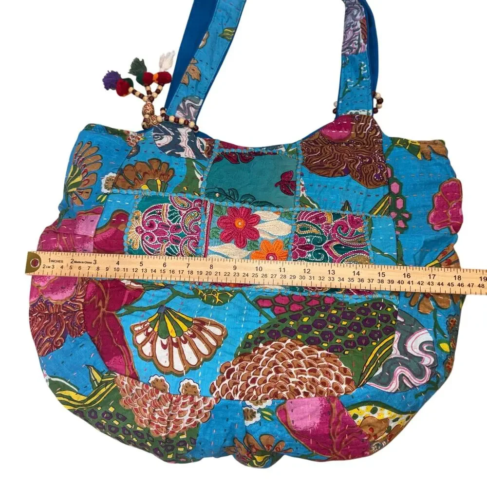 Tribe Azure Boho Patchwork Oversized Tote Bag Blue Handcrafted Embroidered - Picture 5 of 10